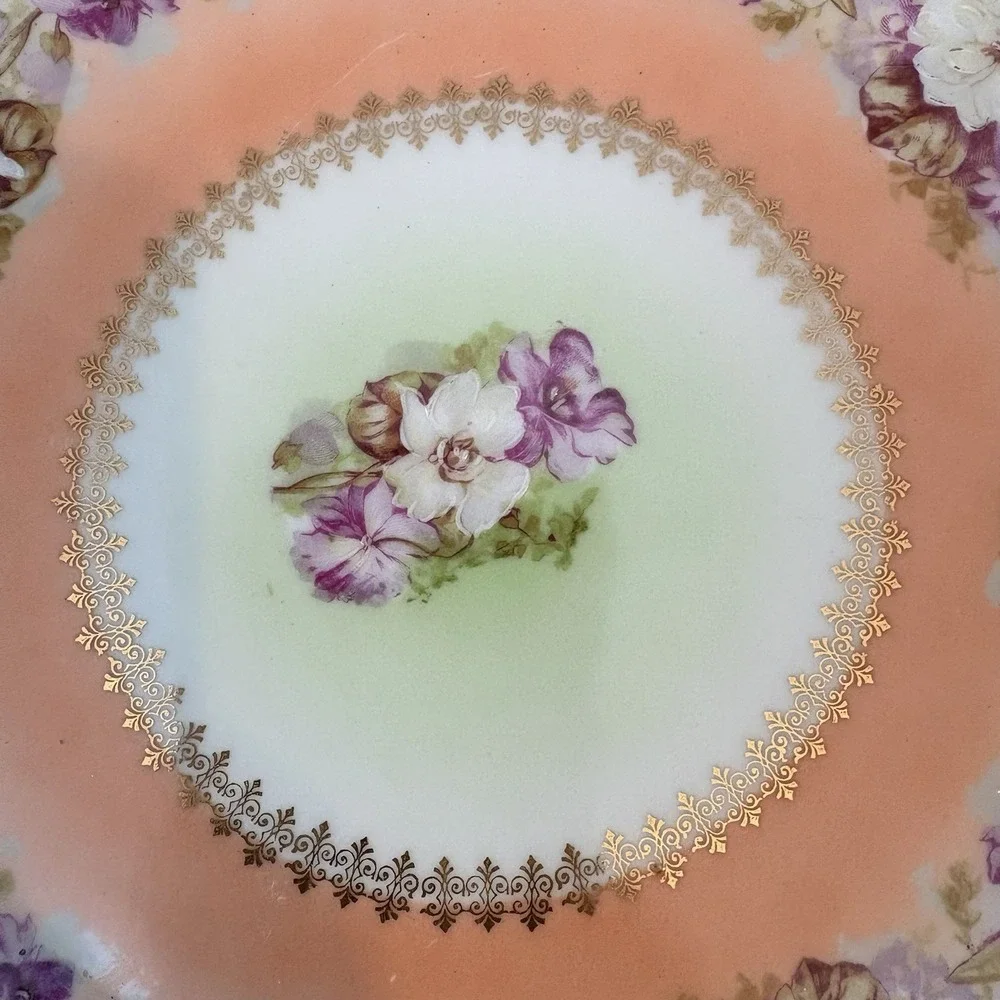 Antique Bavaria Z S & Co Floral Cake Plate Gold Trim Handles‎ Green Pink Peach